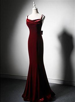 Picture of Wine Red Color Low Back Mermaid Formal Dresses, Velvet Straps Long Formal Dresses